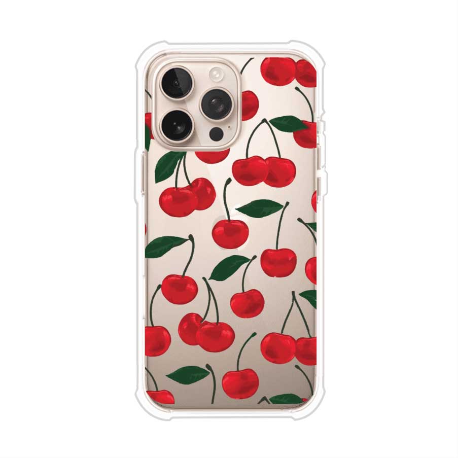 Funda personalizada para iPhone con diseño aesthetic de cerezas (cherries) rojas sobre fondo rosa, ideal para un estilo juvenil y divertido. Producto de Remark MX