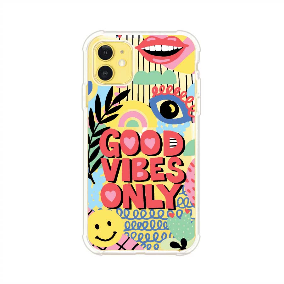 Funda personalizada para iPhone con diseño colorido estilo pop art y frase Good Vibes Only. Ideal para expresar energía positiva. Producto de Remark MX