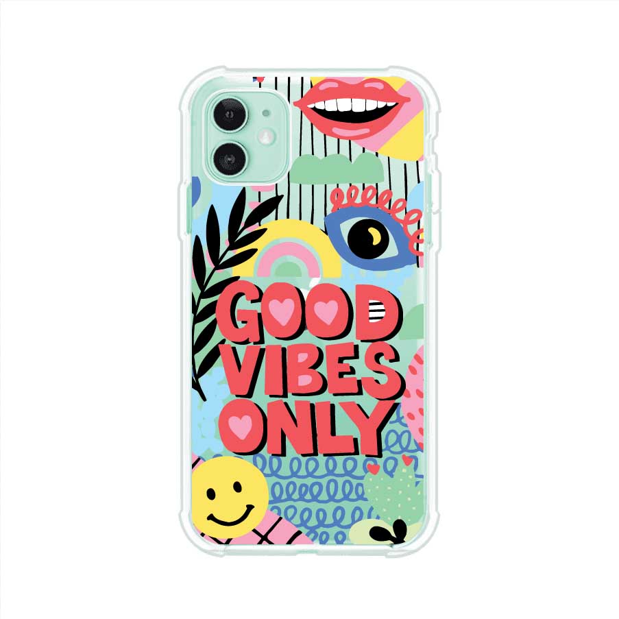 Funda personalizada para iPhone con diseño colorido estilo pop art y frase Good Vibes Only. Ideal para expresar energía positiva. Producto de Remark MX