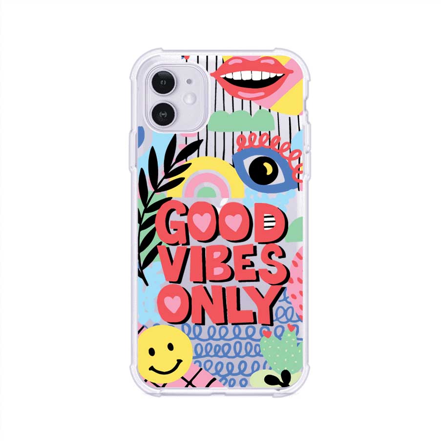 Funda personalizada para iPhone con diseño colorido estilo pop art y frase Good Vibes Only. Ideal para expresar energía positiva. Producto de Remark MX