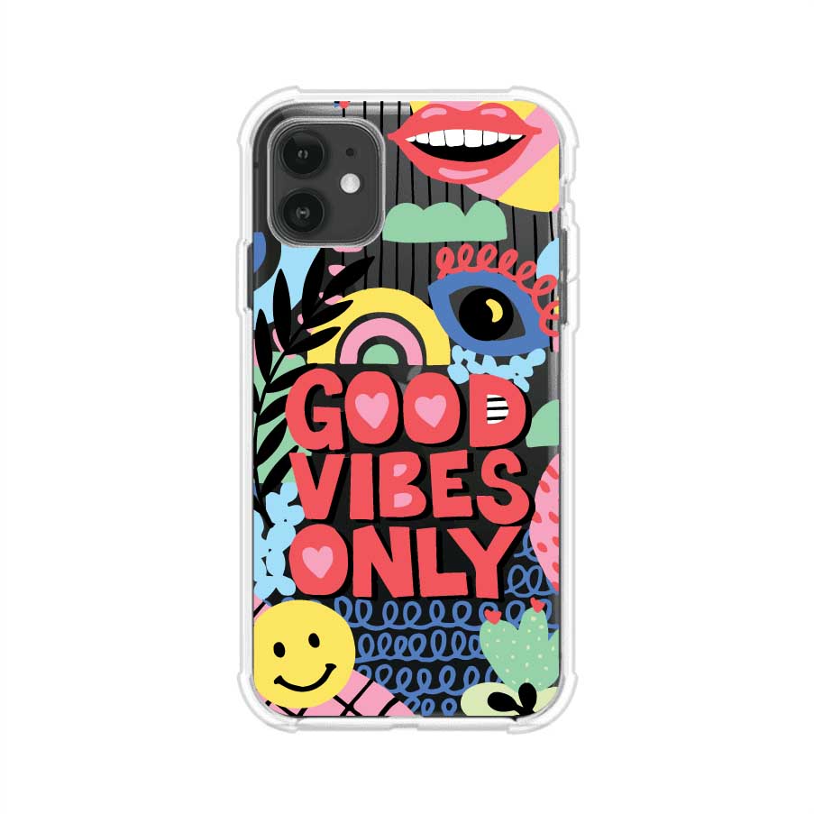 Funda personalizada para iPhone con diseño colorido estilo pop art y frase Good Vibes Only. Ideal para expresar energía positiva. Producto de Remark MX
