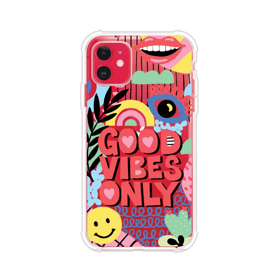 Funda personalizada para iPhone con diseño colorido estilo pop art y frase Good Vibes Only. Ideal para expresar energía positiva. Producto de Remark MX