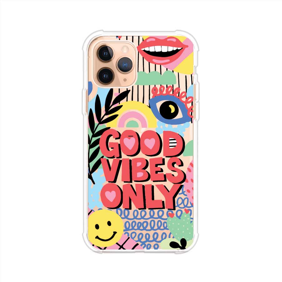 Funda personalizada para iPhone con diseño colorido estilo pop art y frase Good Vibes Only. Ideal para expresar energía positiva. Producto de Remark MX