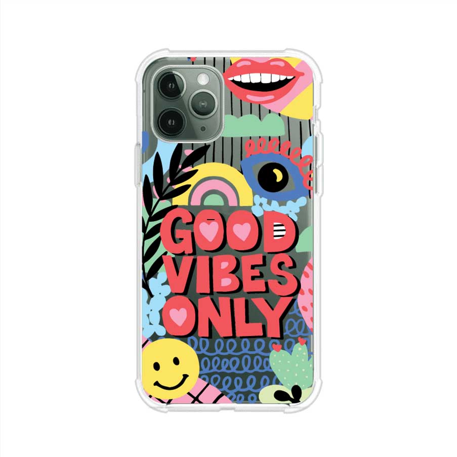 Funda personalizada para iPhone con diseño colorido estilo pop art y frase Good Vibes Only. Ideal para expresar energía positiva. Producto de Remark MX