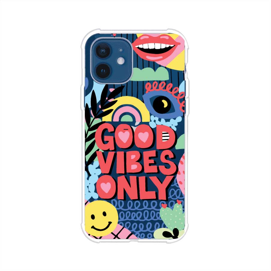 Funda personalizada para iPhone con diseño colorido estilo pop art y frase Good Vibes Only. Ideal para expresar energía positiva. Producto de Remark MX