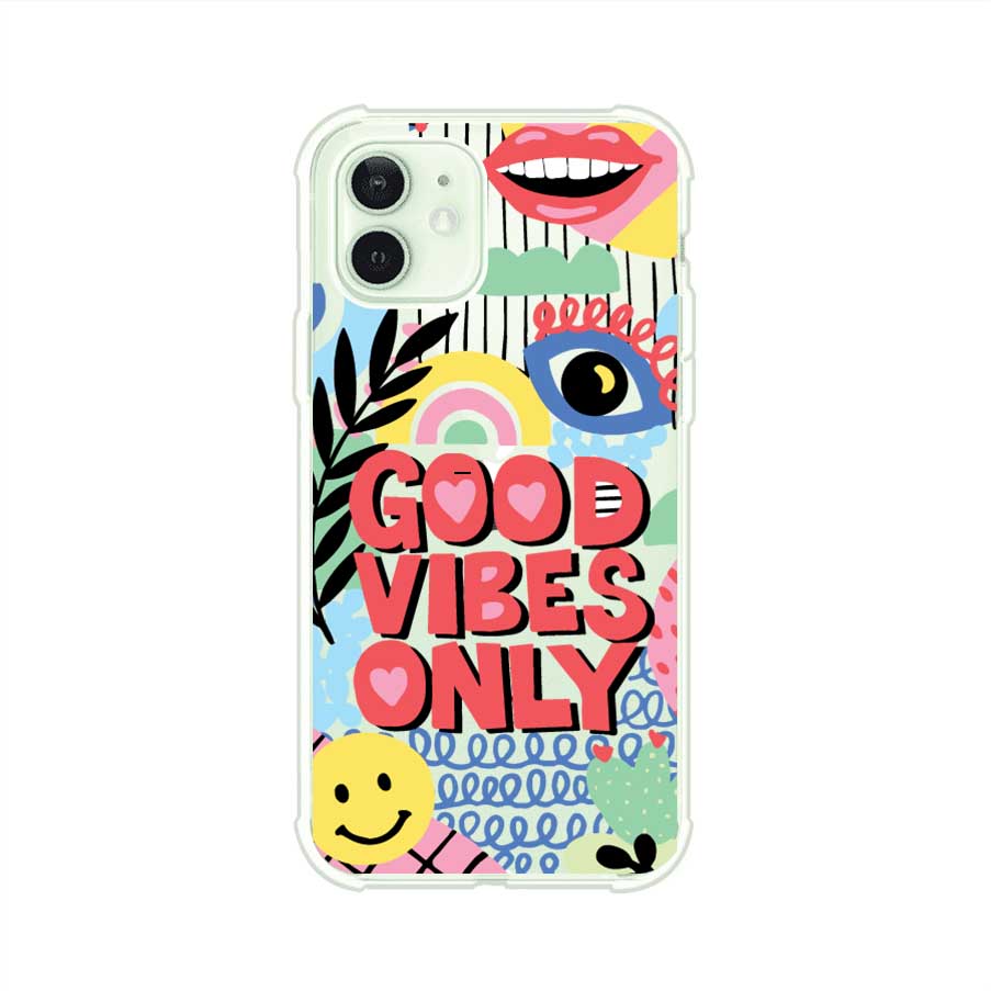 Funda personalizada para iPhone con diseño colorido estilo pop art y frase Good Vibes Only. Ideal para expresar energía positiva. Producto de Remark MX