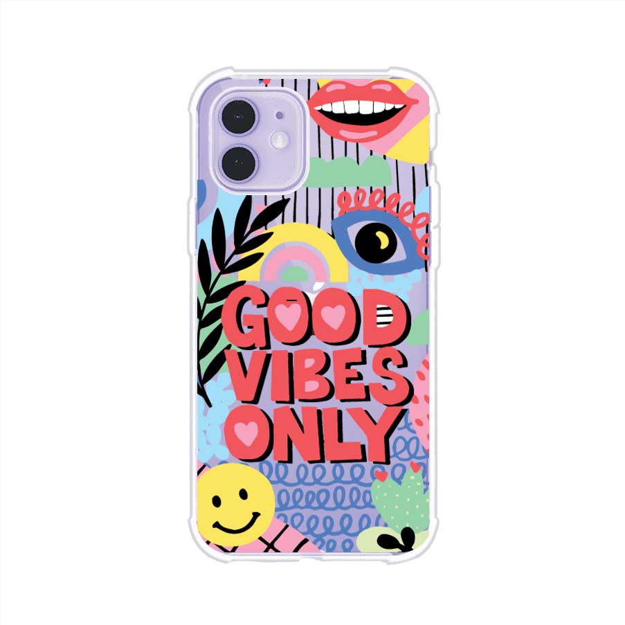 Funda personalizada para iPhone con diseño colorido estilo pop art y frase Good Vibes Only. Ideal para expresar energía positiva. Producto de Remark MX