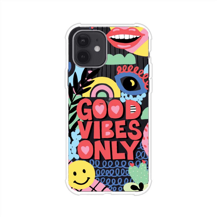 Funda personalizada para iPhone con diseño colorido estilo pop art y frase Good Vibes Only. Ideal para expresar energía positiva. Producto de Remark MX