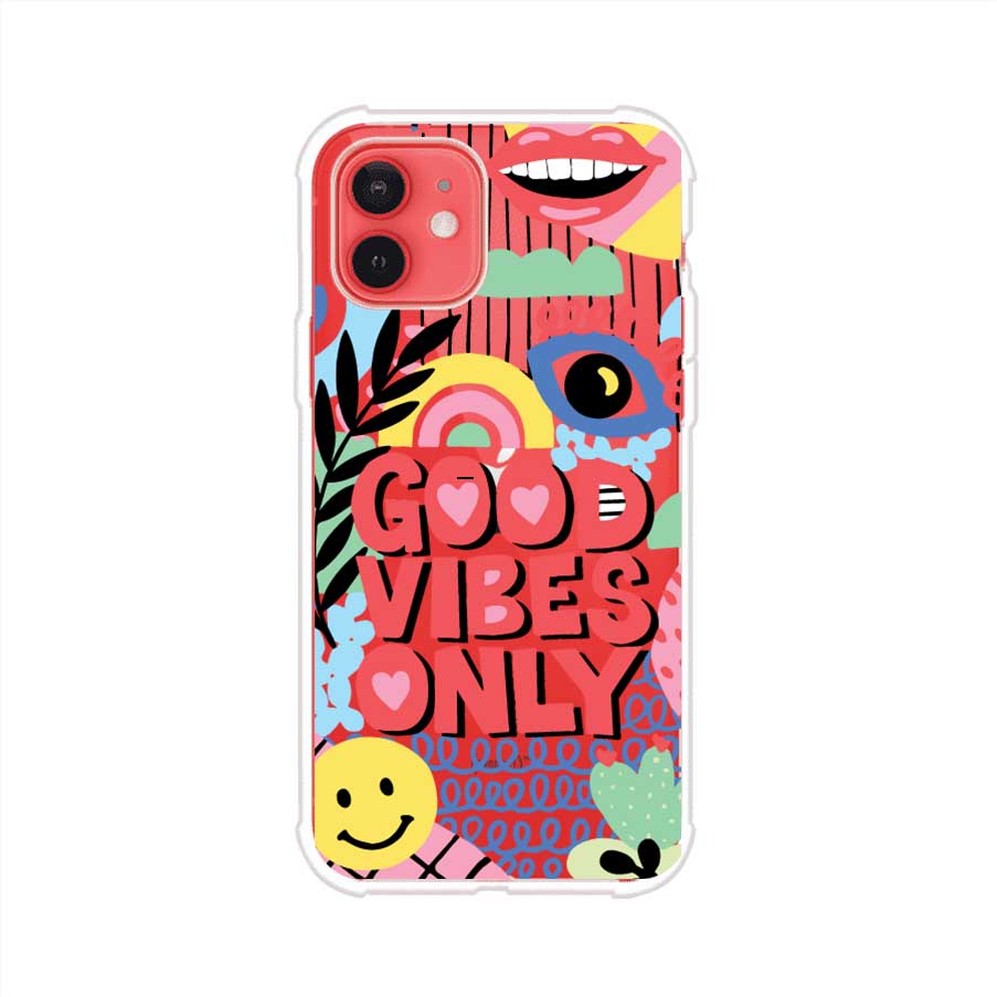 Funda personalizada para iPhone con diseño colorido estilo pop art y frase Good Vibes Only. Ideal para expresar energía positiva. Producto de Remark MX