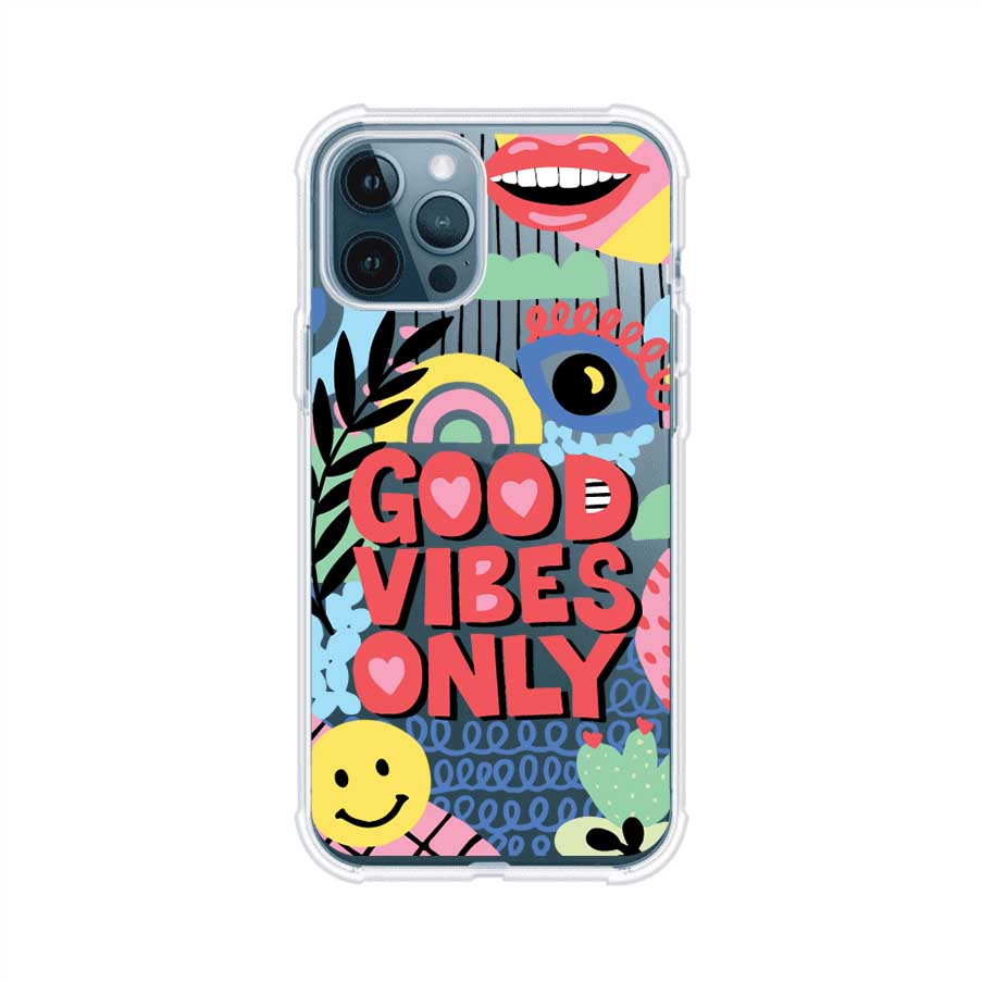 Funda personalizada para iPhone con diseño colorido estilo pop art y frase Good Vibes Only. Ideal para expresar energía positiva. Producto de Remark MX
