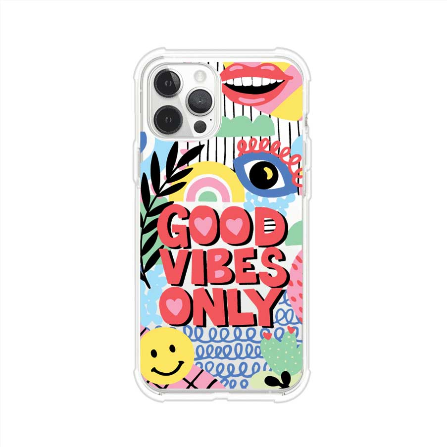 Funda personalizada para iPhone con diseño colorido estilo pop art y frase Good Vibes Only. Ideal para expresar energía positiva. Producto de Remark MX