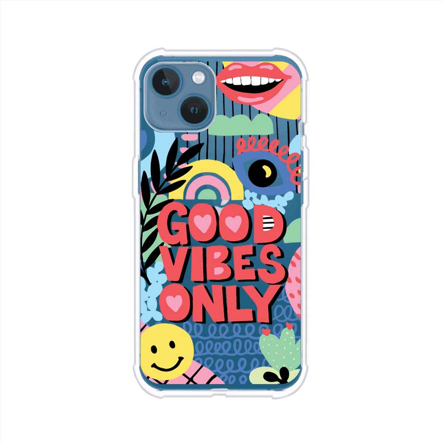 Funda personalizada para iPhone con diseño colorido estilo pop art y frase Good Vibes Only. Ideal para expresar energía positiva. Producto de Remark MX