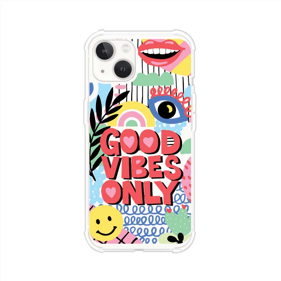 Funda personalizada para iPhone con diseño colorido estilo pop art y frase Good Vibes Only. Ideal para expresar energía positiva. Producto de Remark MX