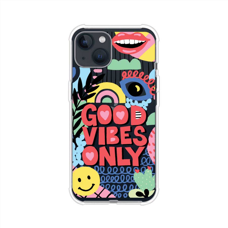 Funda personalizada para iPhone con diseño colorido estilo pop art y frase Good Vibes Only. Ideal para expresar energía positiva. Producto de Remark MX