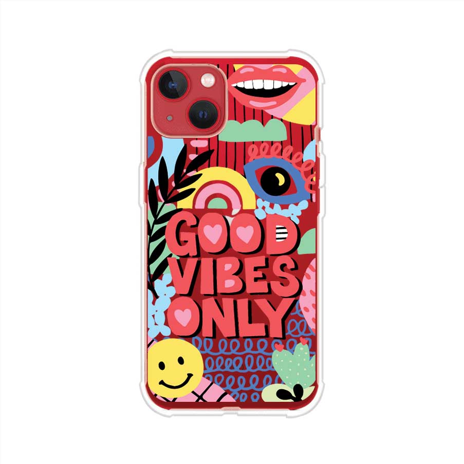 Funda personalizada para iPhone con diseño colorido estilo pop art y frase Good Vibes Only. Ideal para expresar energía positiva. Producto de Remark MX