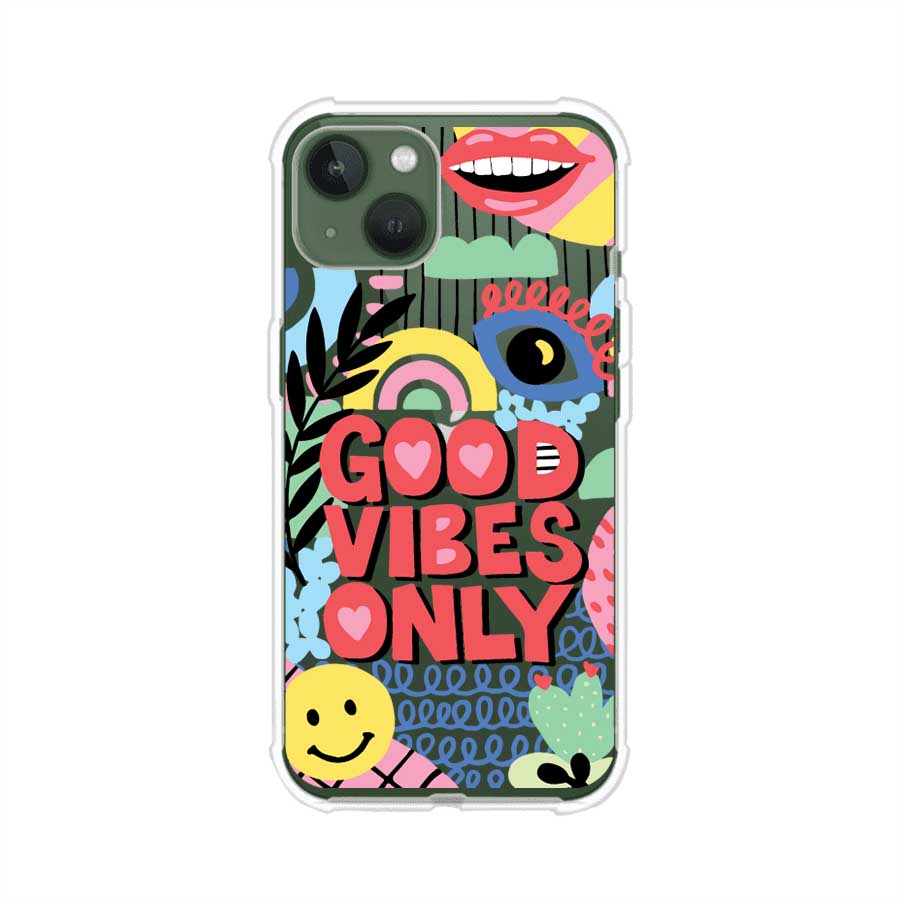 Funda personalizada para iPhone con diseño colorido estilo pop art y frase Good Vibes Only. Ideal para expresar energía positiva. Producto de Remark MX