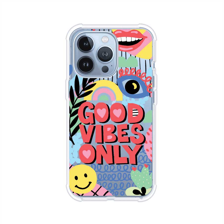 Funda personalizada para iPhone con diseño colorido estilo pop art y frase Good Vibes Only. Ideal para expresar energía positiva. Producto de Remark MX