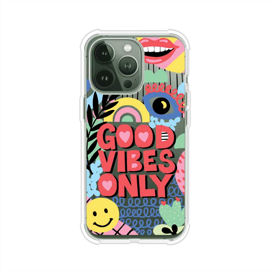 Funda personalizada para iPhone con diseño colorido estilo pop art y frase Good Vibes Only. Ideal para expresar energía positiva. Producto de Remark MX