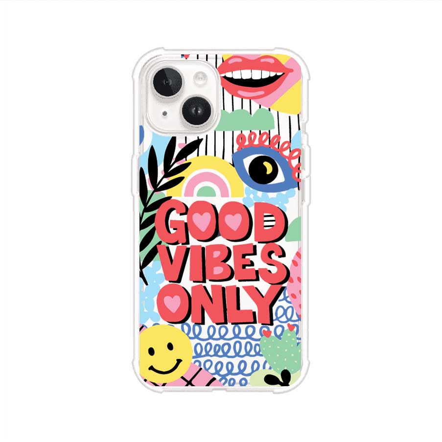 Funda personalizada para iPhone con diseño colorido estilo pop art y frase Good Vibes Only. Ideal para expresar energía positiva. Producto de Remark MX
