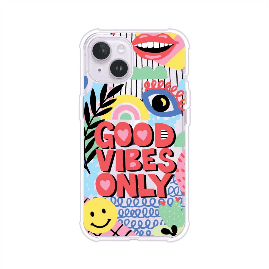 Funda personalizada para iPhone con diseño colorido estilo pop art y frase Good Vibes Only. Ideal para expresar energía positiva. Producto de Remark MX