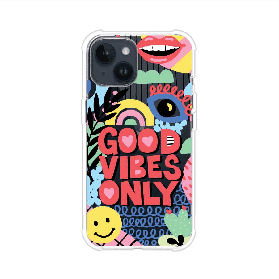 Funda personalizada para iPhone con diseño colorido estilo pop art y frase Good Vibes Only. Ideal para expresar energía positiva. Producto de Remark MX
