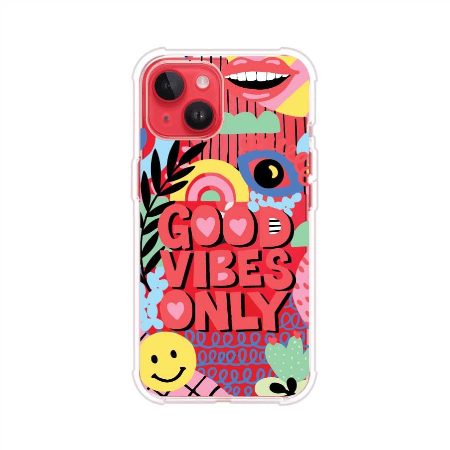 Funda personalizada para iPhone con diseño colorido estilo pop art y frase Good Vibes Only. Ideal para expresar energía positiva. Producto de Remark MX