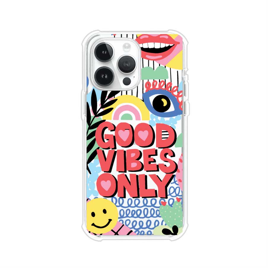 Funda personalizada para iPhone con diseño colorido estilo pop art y frase Good Vibes Only. Ideal para expresar energía positiva. Producto de Remark MX