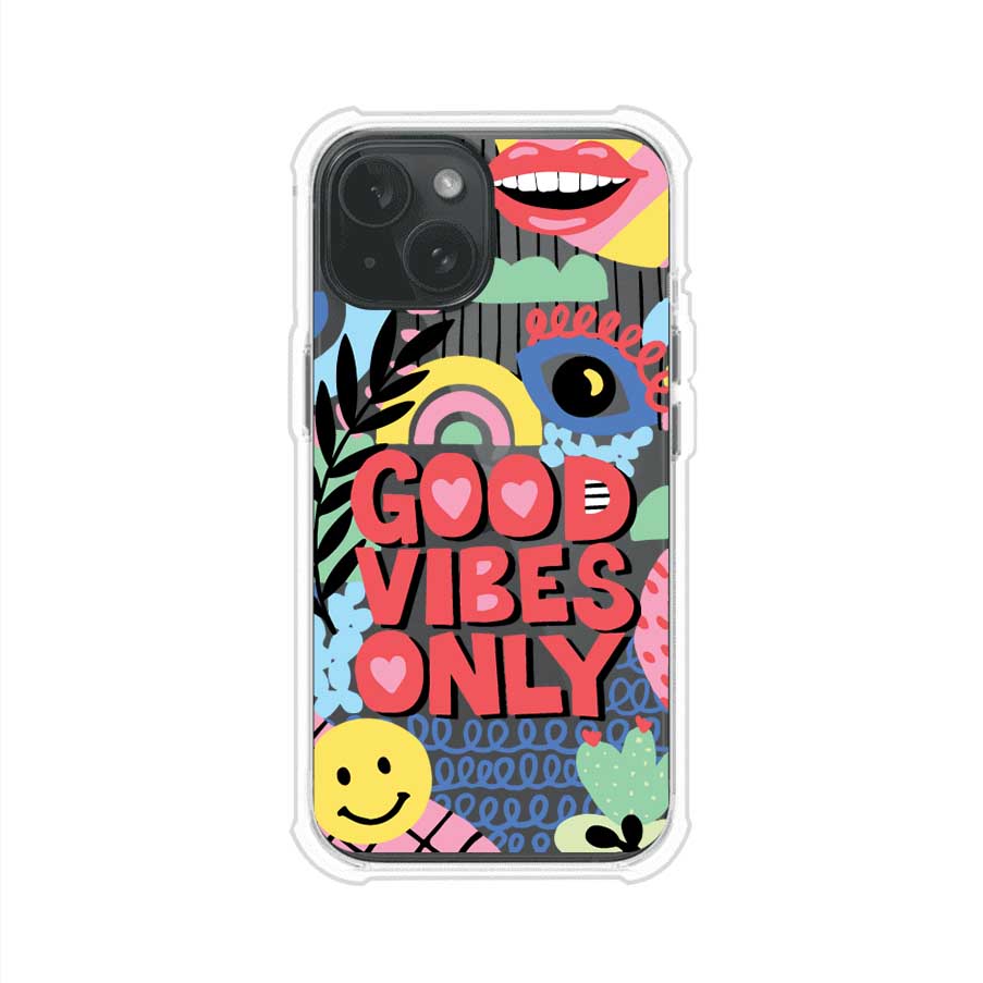 Funda personalizada para iPhone con diseño colorido estilo pop art y frase Good Vibes Only. Ideal para expresar energía positiva. Producto de Remark MX