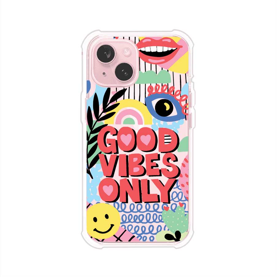 Funda personalizada para iPhone con diseño colorido estilo pop art y frase Good Vibes Only. Ideal para expresar energía positiva. Producto de Remark MX