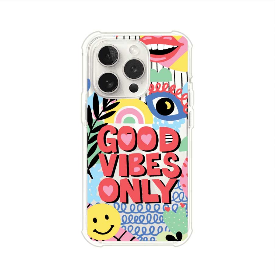 Funda personalizada para iPhone con diseño colorido estilo pop art y frase Good Vibes Only. Ideal para expresar energía positiva. Producto de Remark MX