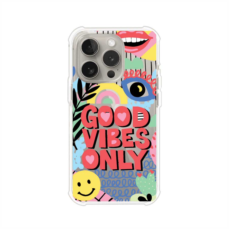Funda personalizada para iPhone con diseño colorido estilo pop art y frase Good Vibes Only. Ideal para expresar energía positiva. Producto de Remark MX