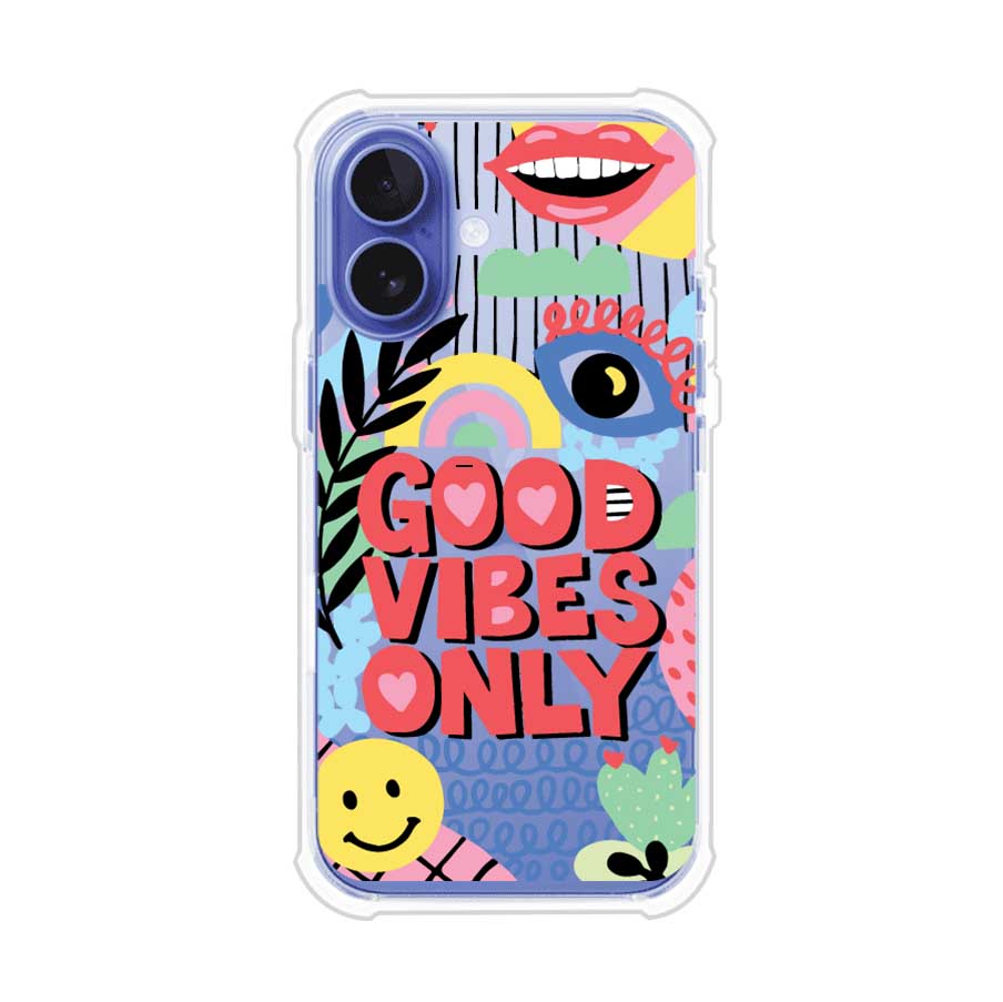 Funda personalizada para iPhone con diseño colorido estilo pop art y frase Good Vibes Only. Ideal para expresar energía positiva. Producto de Remark MX