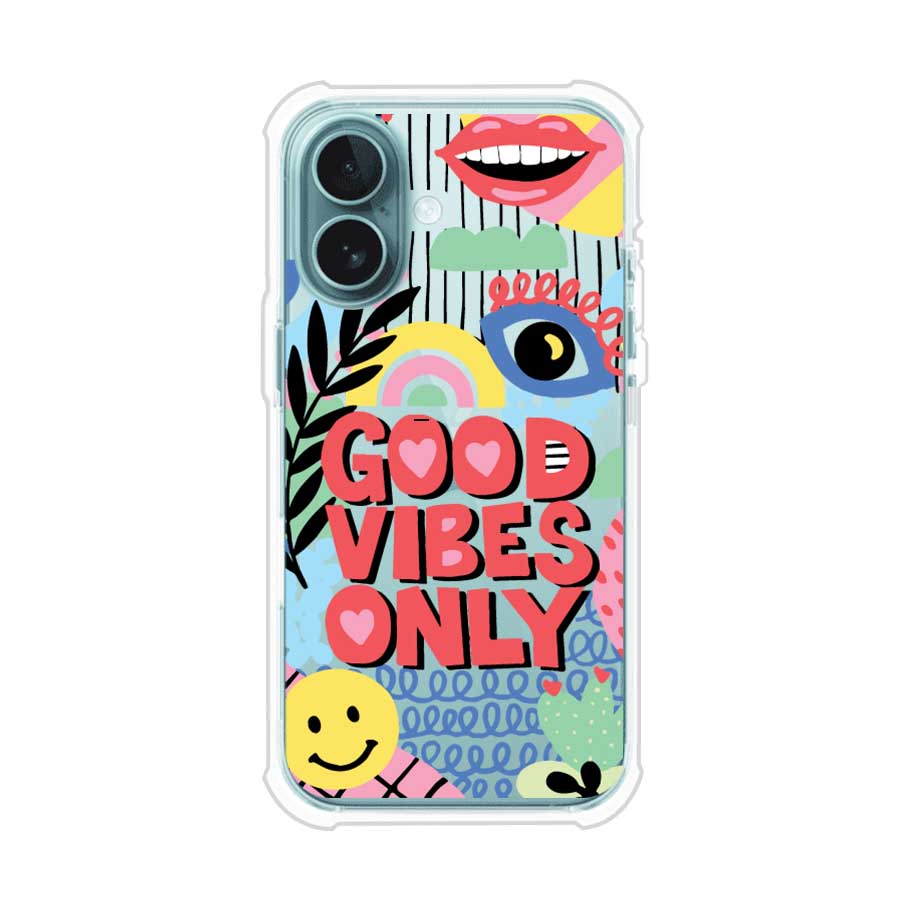 Funda personalizada para iPhone con diseño colorido estilo pop art y frase Good Vibes Only. Ideal para expresar energía positiva. Producto de Remark MX