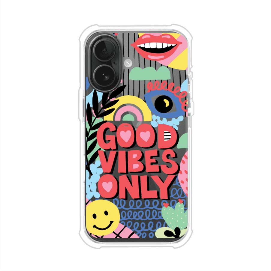 Funda personalizada para iPhone con diseño colorido estilo pop art y frase Good Vibes Only. Ideal para expresar energía positiva. Producto de Remark MX