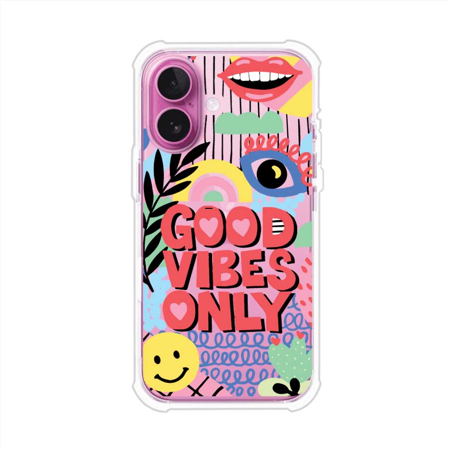 Funda personalizada para iPhone con diseño colorido estilo pop art y frase Good Vibes Only. Ideal para expresar energía positiva. Producto de Remark MX