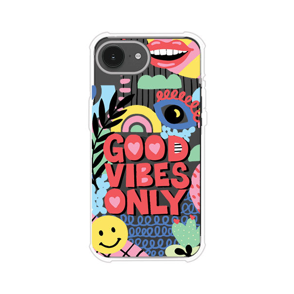 Funda personalizada para iPhone con diseño colorido estilo pop art y frase Good Vibes Only. Ideal para expresar energía positiva. Producto de Remark MX