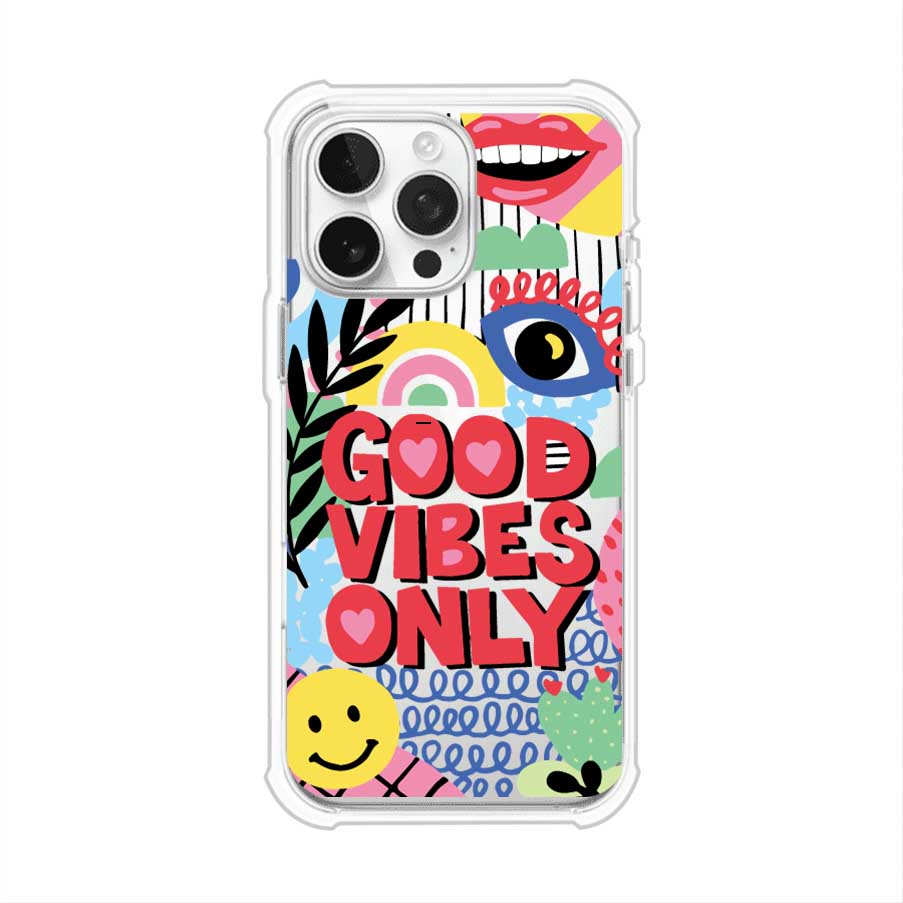 Funda personalizada para iPhone con diseño colorido estilo pop art y frase Good Vibes Only. Ideal para expresar energía positiva. Producto de Remark MX