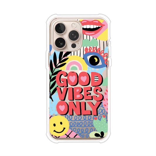 Funda personalizada para iPhone con diseño colorido estilo pop art y frase Good Vibes Only. Ideal para expresar energía positiva. Producto de Remark MX