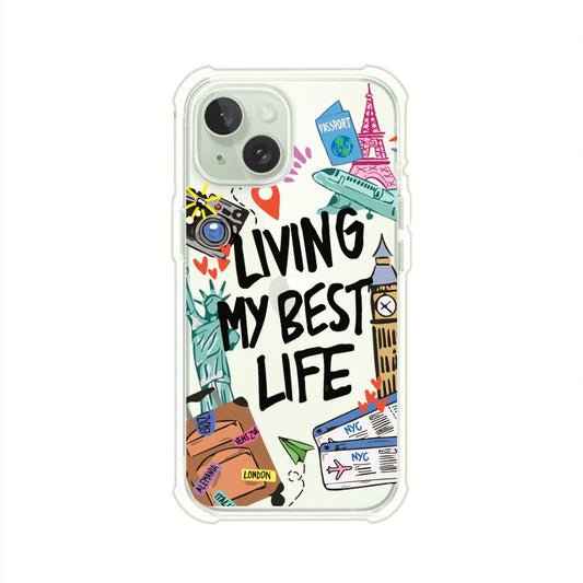 Funda personalizada para iPhone con frase 'Living My Best Life' y diseño de elementos viajeros como maletas, torre Eiffel, Big Ben y boletos de avión; producto de Remark MX