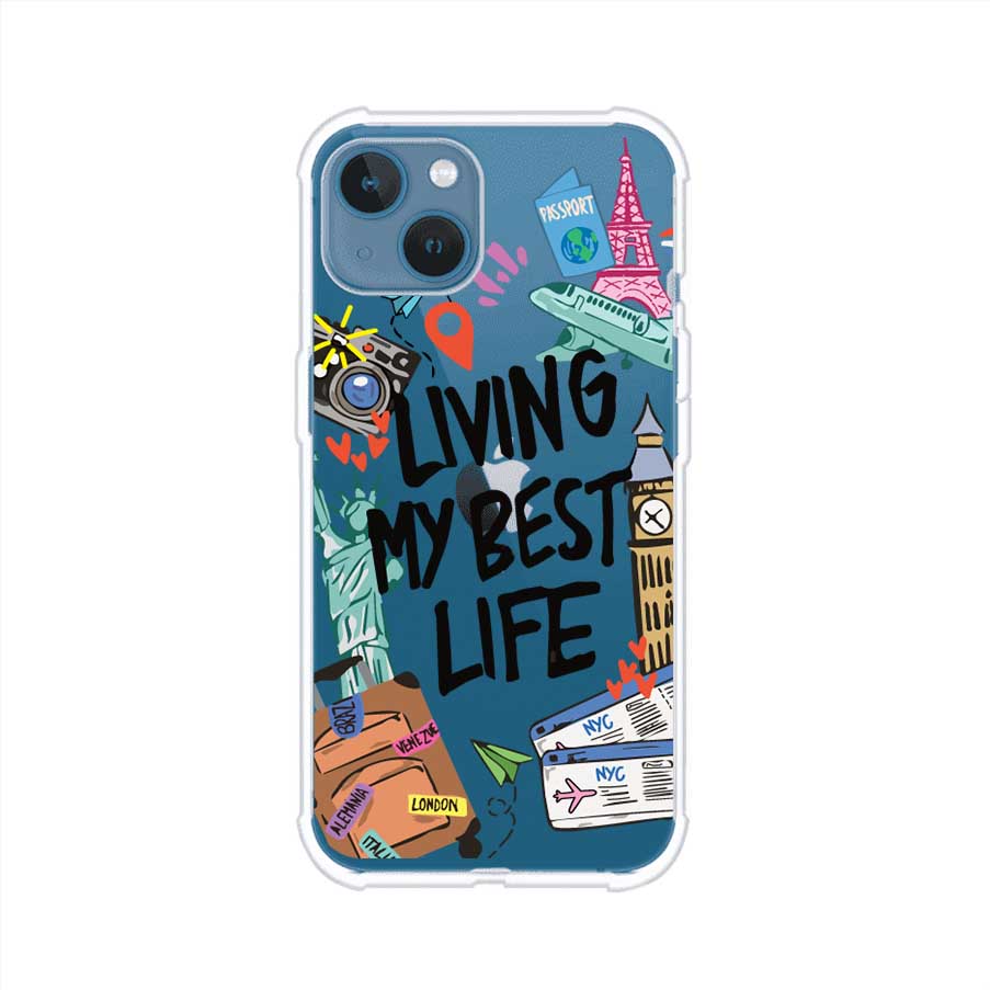 Funda personalizada para iPhone con frase 'Living My Best Life' y diseño de elementos viajeros como maletas, torre Eiffel, Big Ben y boletos de avión; producto de Remark MX
