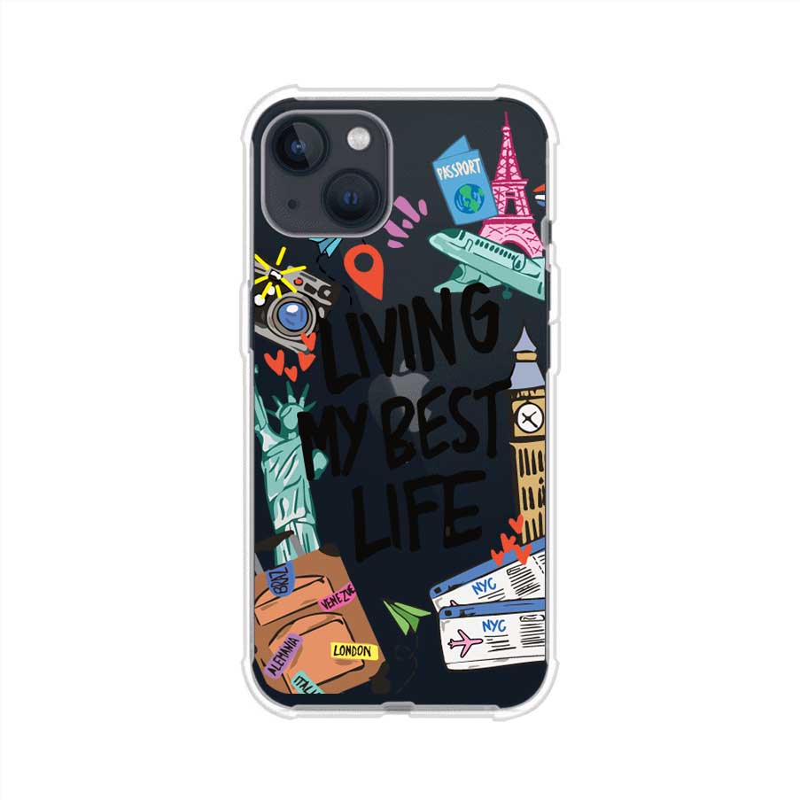 Funda personalizada para iPhone con frase 'Living My Best Life' y diseño de elementos viajeros como maletas, torre Eiffel, Big Ben y boletos de avión; producto de Remark MX