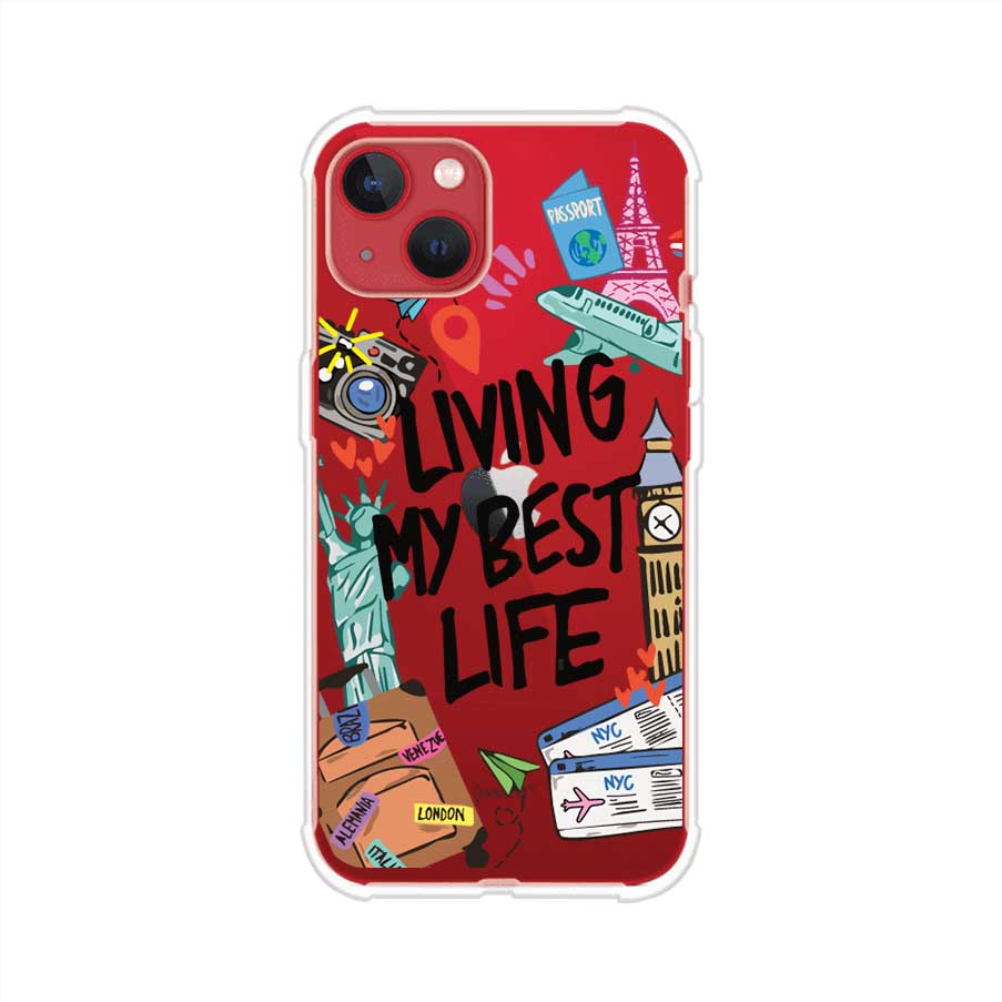 Funda personalizada para iPhone con frase 'Living My Best Life' y diseño de elementos viajeros como maletas, torre Eiffel, Big Ben y boletos de avión; producto de Remark MX