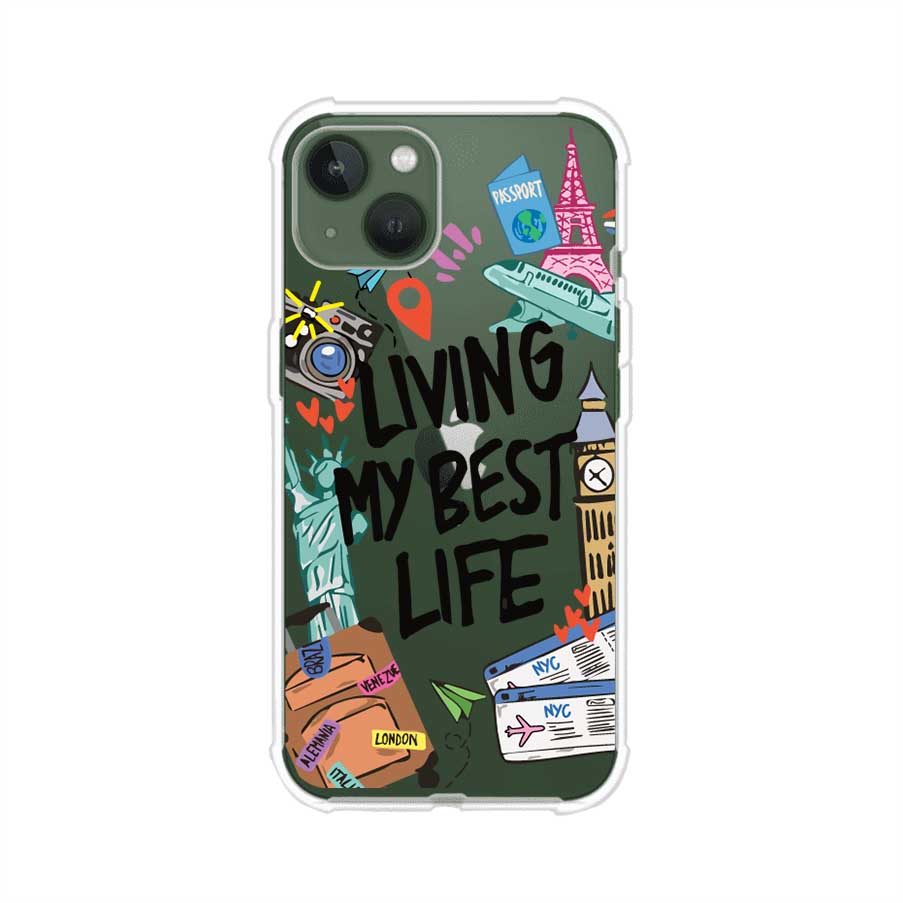Funda personalizada para iPhone con frase 'Living My Best Life' y diseño de elementos viajeros como maletas, torre Eiffel, Big Ben y boletos de avión; producto de Remark MX
