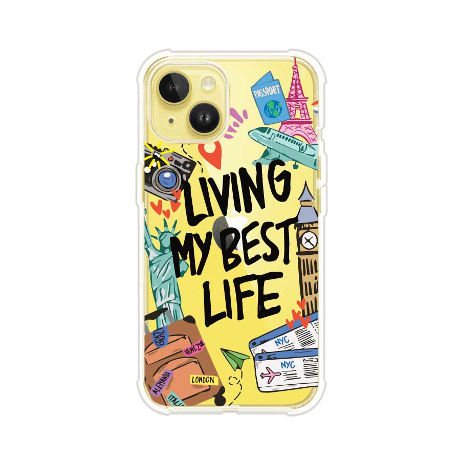 Funda personalizada para iPhone con frase 'Living My Best Life' y diseño de elementos viajeros como maletas, torre Eiffel, Big Ben y boletos de avión; producto de Remark MX