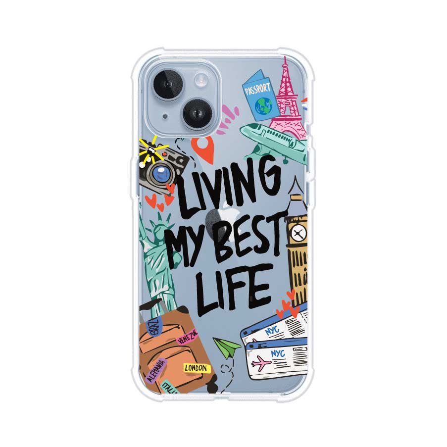 Funda personalizada para iPhone con frase 'Living My Best Life' y diseño de elementos viajeros como maletas, torre Eiffel, Big Ben y boletos de avión; producto de Remark MX