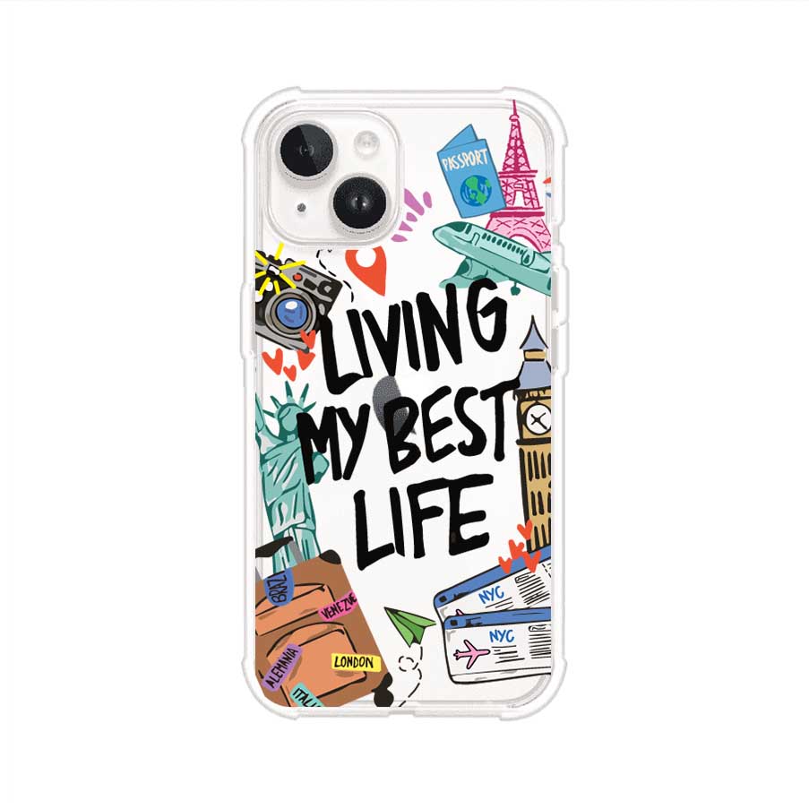 Funda personalizada para iPhone con frase 'Living My Best Life' y diseño de elementos viajeros como maletas, torre Eiffel, Big Ben y boletos de avión; producto de Remark MX