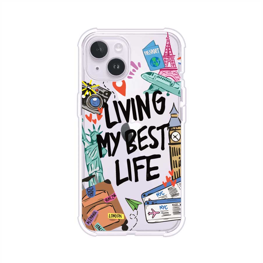 Funda personalizada para iPhone con frase 'Living My Best Life' y diseño de elementos viajeros como maletas, torre Eiffel, Big Ben y boletos de avión; producto de Remark MX