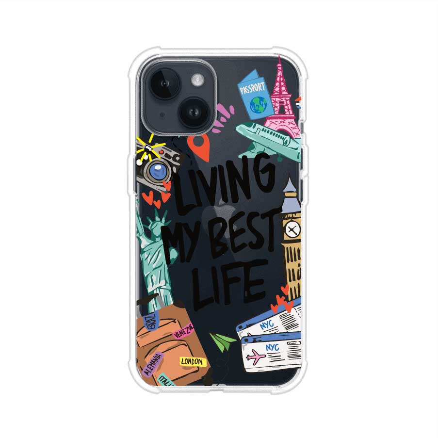 Funda personalizada para iPhone con frase 'Living My Best Life' y diseño de elementos viajeros como maletas, torre Eiffel, Big Ben y boletos de avión; producto de Remark MX