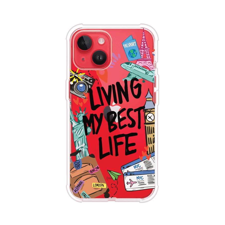 Funda personalizada para iPhone con frase 'Living My Best Life' y diseño de elementos viajeros como maletas, torre Eiffel, Big Ben y boletos de avión; producto de Remark MX