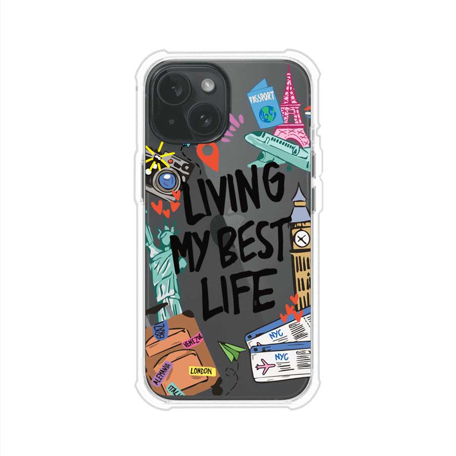 Funda personalizada para iPhone con frase 'Living My Best Life' y diseño de elementos viajeros como maletas, torre Eiffel, Big Ben y boletos de avión; producto de Remark MX